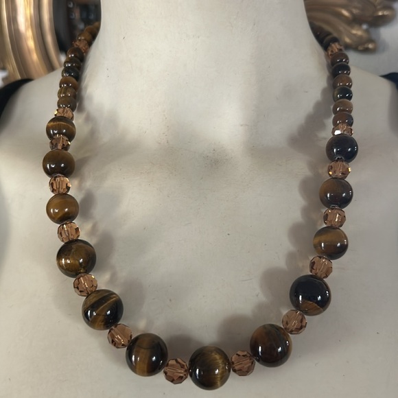 Vintage Genuine Tigers Eye Stone and Amber Crystal Bead Necklace - Picture 3 of 6